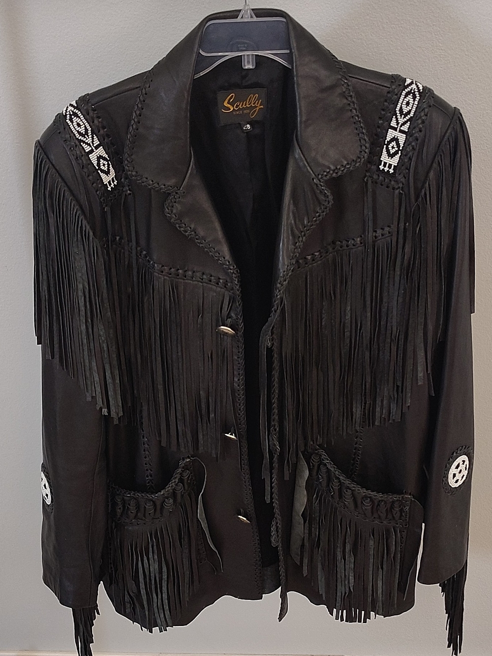 Scully Black Leather Fringe Jacket with Beaded Shoulder Panels